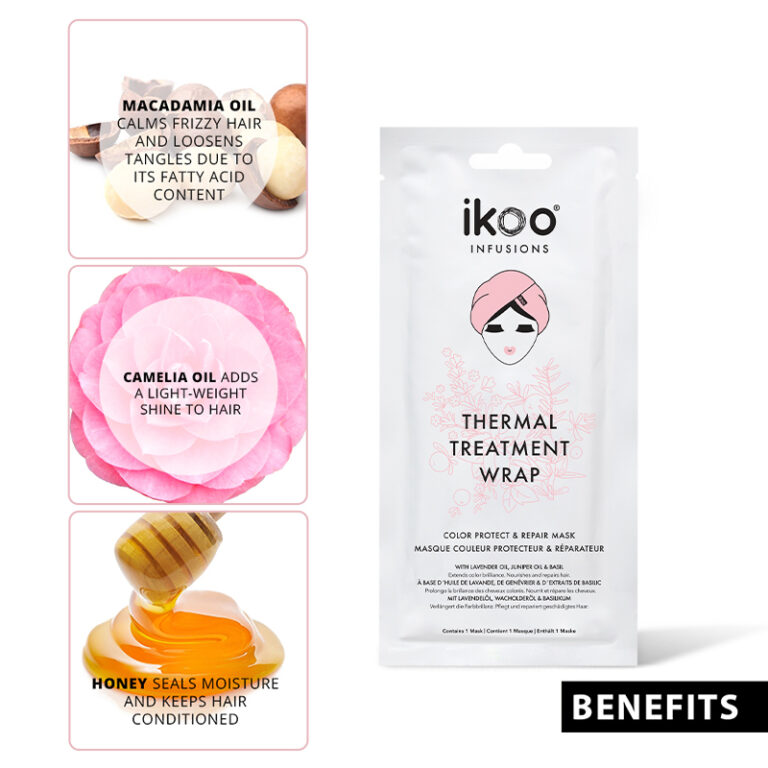 Benefits of Tea tree oil shampoo - Macadamia oil, Camelia oil, Honey. with Ikoo thermal treatment wrap.