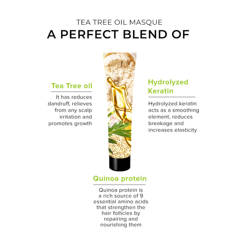 Tea tree oil hair masque ingredients : tea tree oil, Hydrolyzed keratin, Quinoa protein
